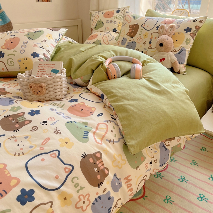 91家纺网 家纺一手货源 找家纺 雅居纺家纺 2025春夏新款全棉纯棉印花四件套 趣多猫