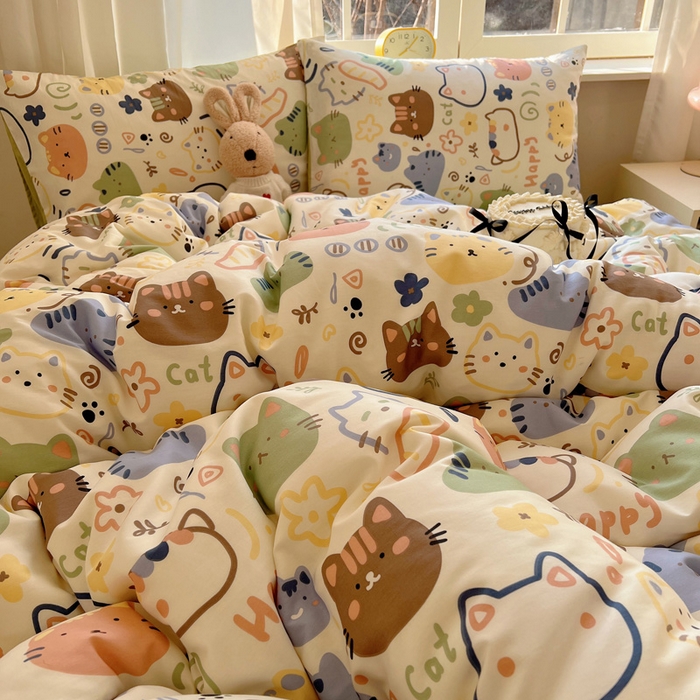 91家纺网 家纺一手货源 找家纺 雅居纺家纺 2025春夏新款全棉纯棉印花四件套 趣多猫