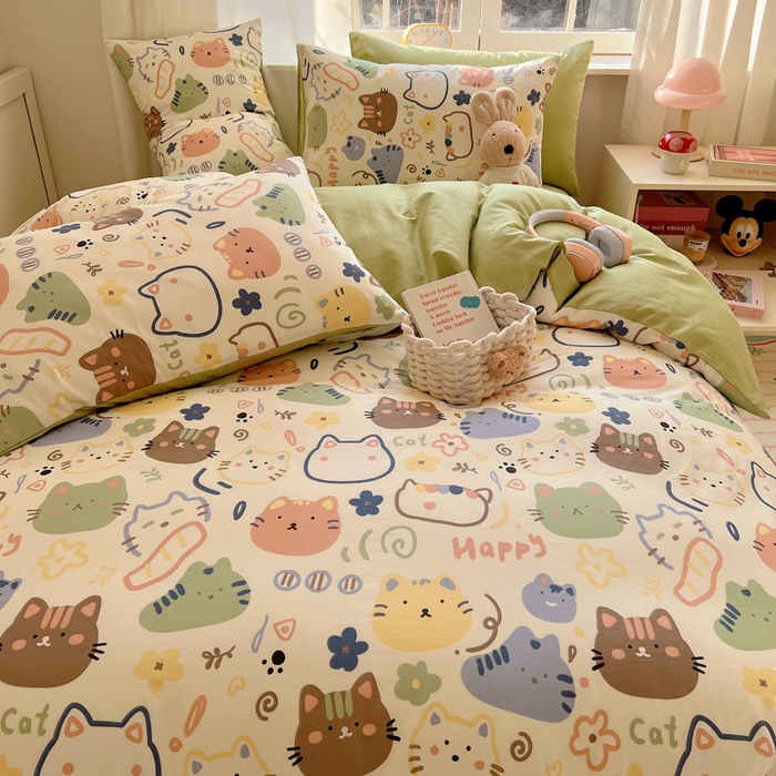 91家纺网 家纺一手货源 找家纺 雅居纺家纺 2025春夏新款全棉纯棉印花四件套 趣多猫