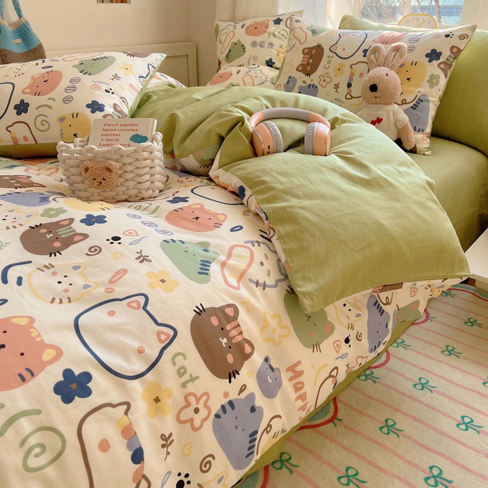 91家纺网 家纺一手货源 找家纺 雅居纺家纺 2025春夏新款全棉纯棉印花四件套 趣多猫