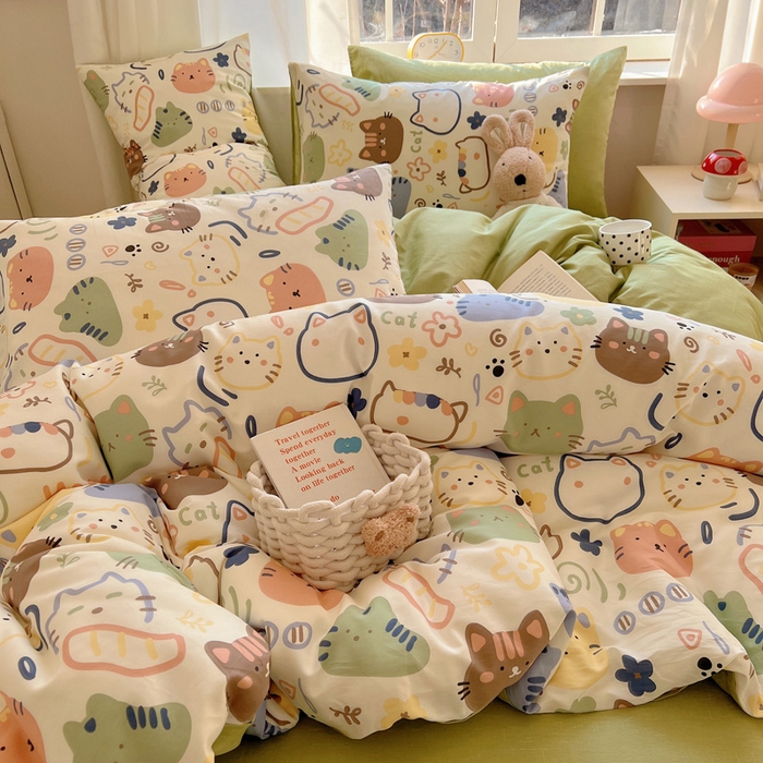 91家纺网 家纺一手货源 找家纺 雅居纺家纺 2025春夏新款全棉纯棉印花四件套 趣多猫