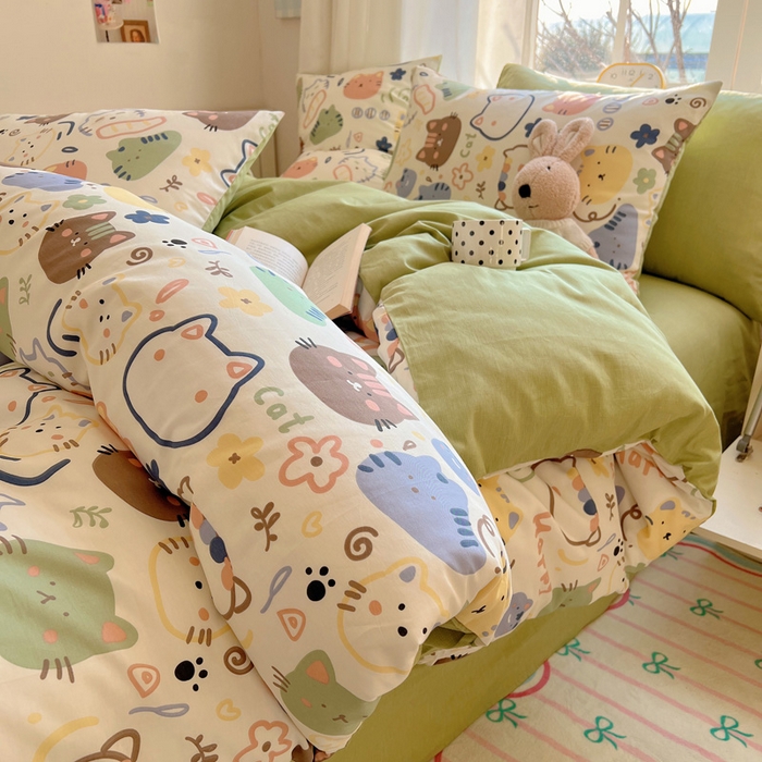 91家纺网 家纺一手货源 找家纺 雅居纺家纺 2025春夏新款全棉纯棉印花四件套 趣多猫