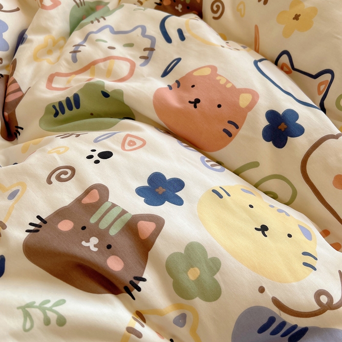 91家纺网 家纺一手货源 找家纺 雅居纺家纺 2025春夏新款全棉纯棉印花四件套 趣多猫