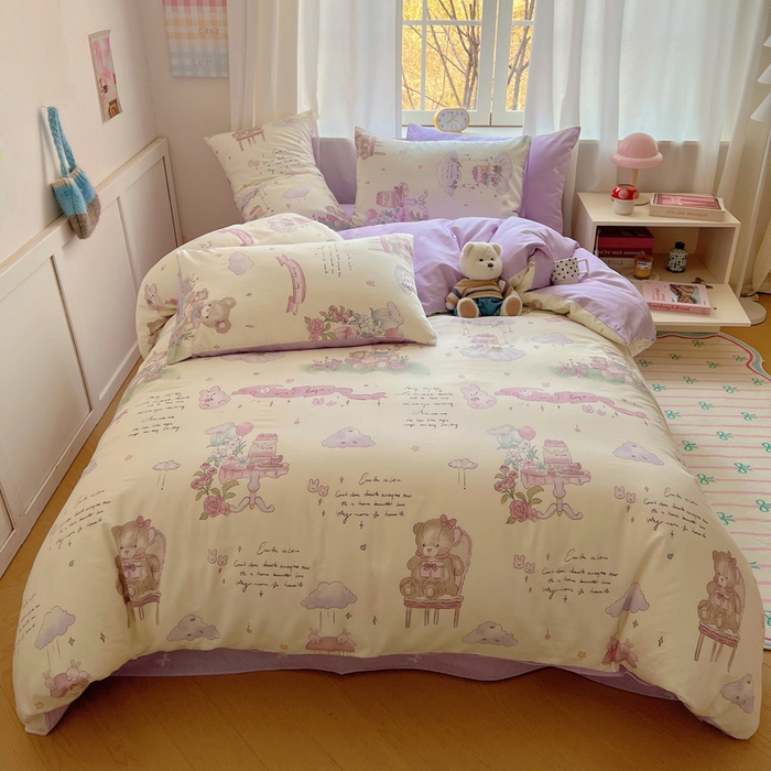 雅居纺家纺 2025春夏新款全棉纯棉印花四件套 晚安小熊