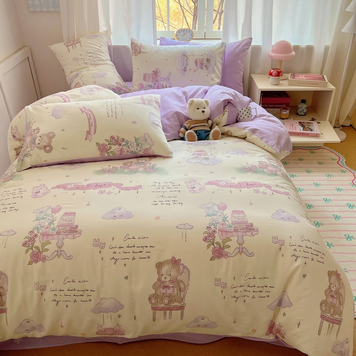 91家纺网 家纺一手货源 找家纺 雅居纺家纺 2025春夏新款全棉纯棉印花四件套 晚安小熊