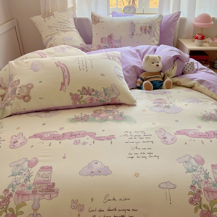 91家纺网 家纺一手货源 找家纺 雅居纺家纺 2025春夏新款全棉纯棉印花四件套 晚安小熊