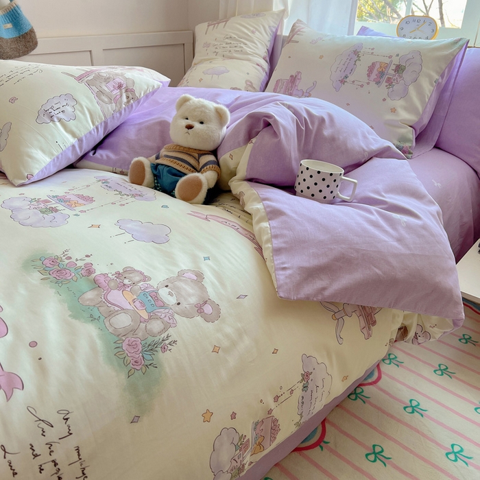 91家纺网 家纺一手货源 找家纺 雅居纺家纺 2025春夏新款全棉纯棉印花四件套 晚安小熊