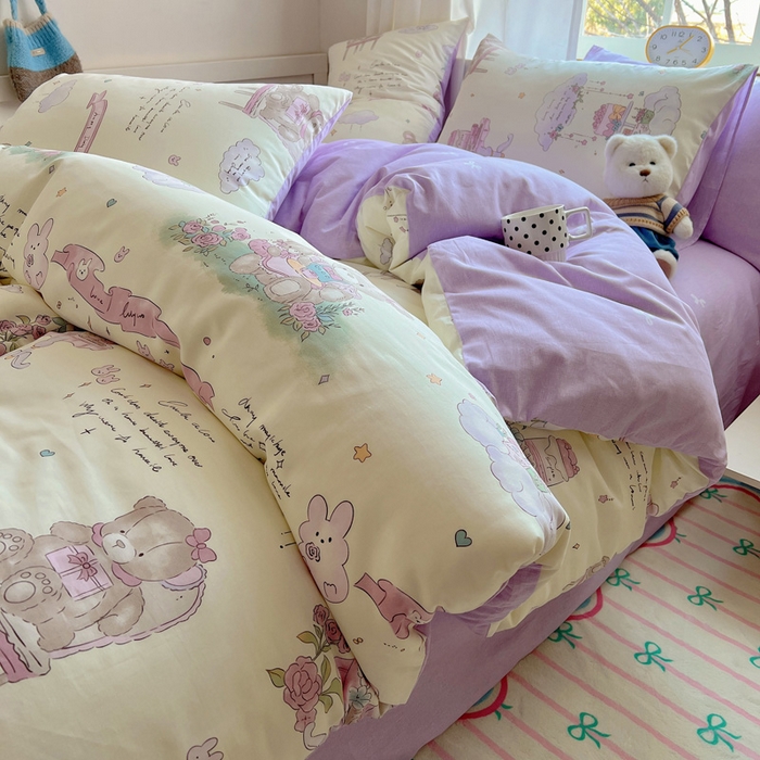 91家纺网 家纺一手货源 找家纺 雅居纺家纺 2025春夏新款全棉纯棉印花四件套 晚安小熊