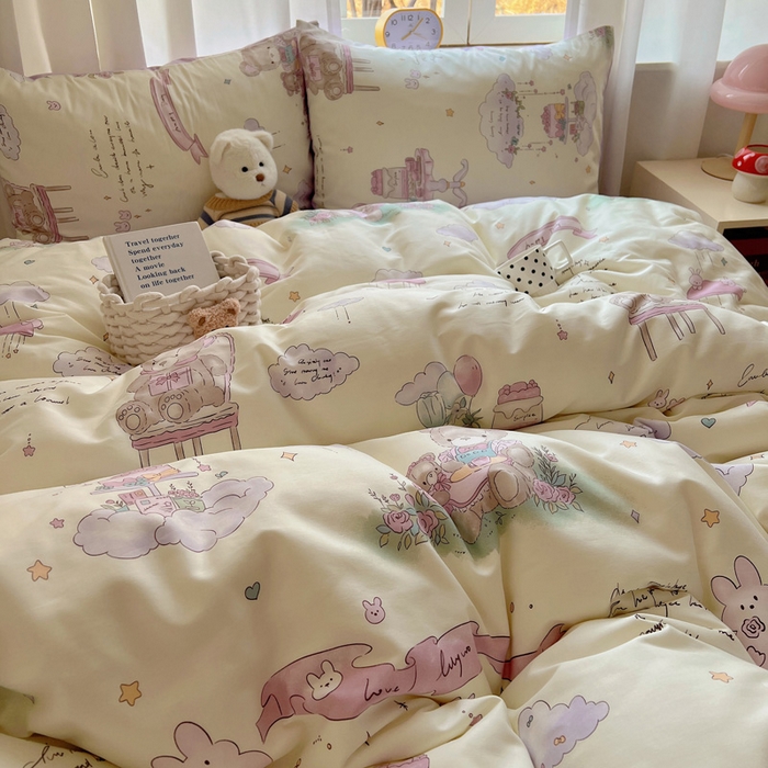 91家纺网 家纺一手货源 找家纺 雅居纺家纺 2025春夏新款全棉纯棉印花四件套 晚安小熊