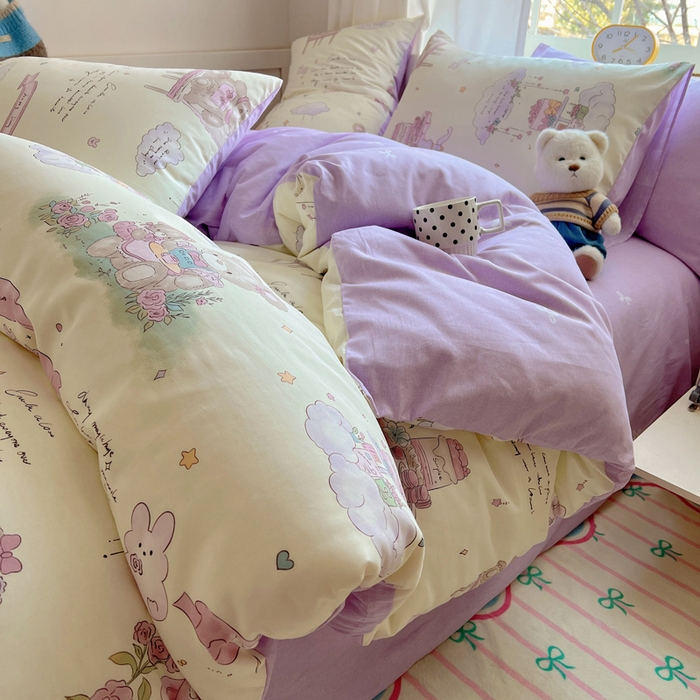 91家纺网 家纺一手货源 找家纺 雅居纺家纺 2025春夏新款全棉纯棉印花四件套 晚安小熊