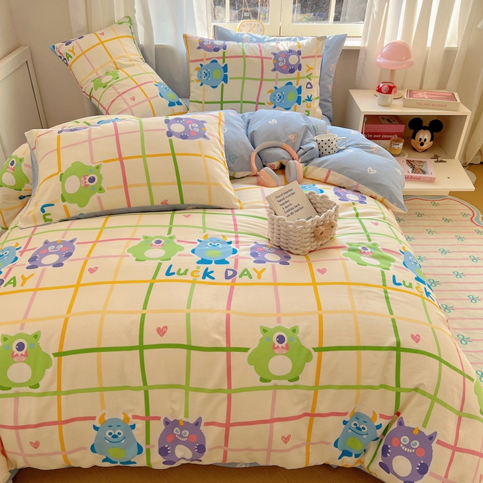 91家纺网 家纺一手货源 找家纺 雅居纺家纺 2025春夏新款全棉纯棉印花四件套 小怪兽