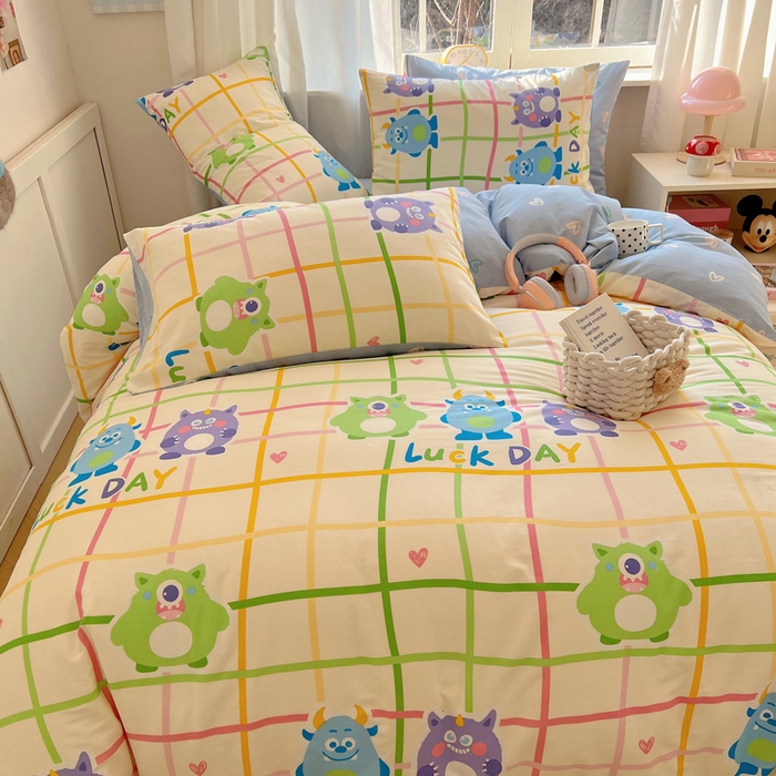 91家纺网 家纺一手货源 找家纺 雅居纺家纺 2025春夏新款全棉纯棉印花四件套 小怪兽