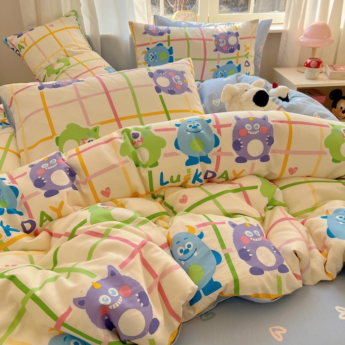 91家纺网 家纺一手货源 找家纺 雅居纺家纺 2025春夏新款全棉纯棉印花四件套 小怪兽