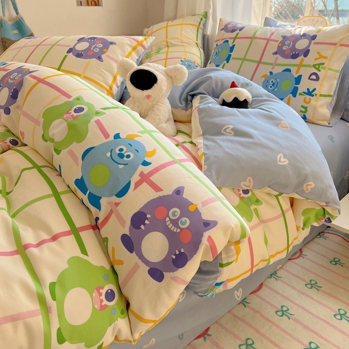 91家纺网 家纺一手货源 找家纺 雅居纺家纺 2025春夏新款全棉纯棉印花四件套 小怪兽