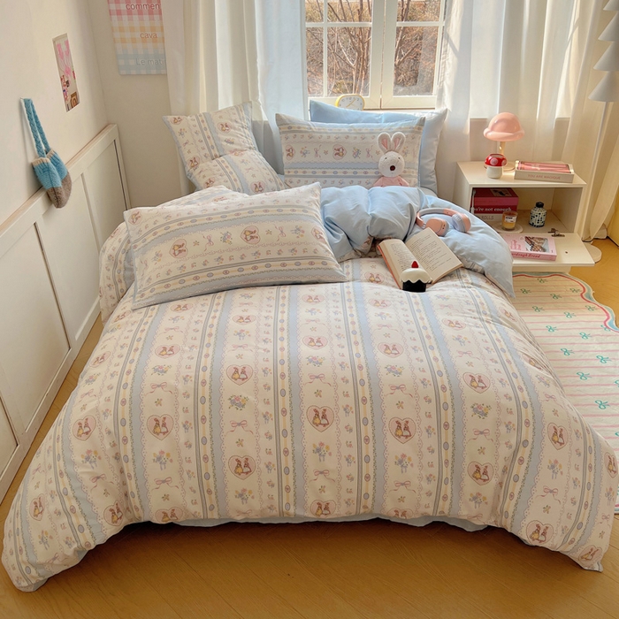 雅居纺家纺 2025春夏新款全棉纯棉印花四件套 幸福小兔