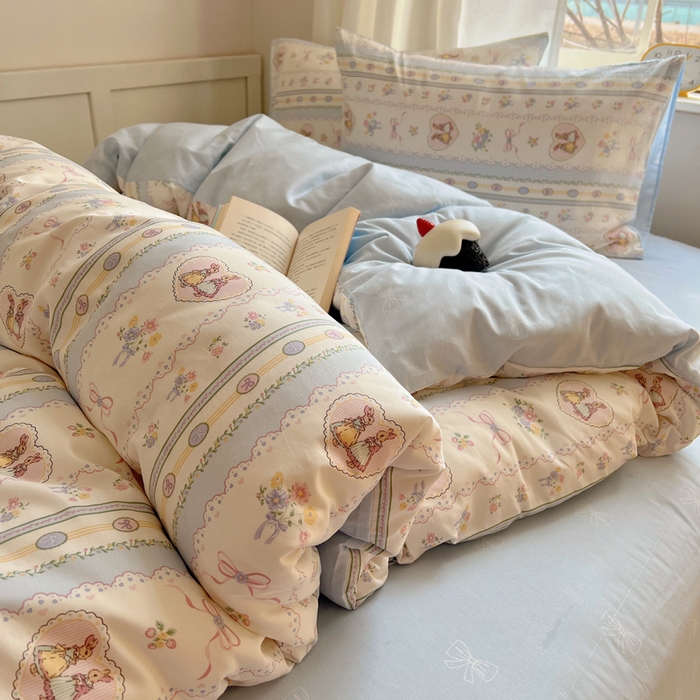 91家纺网 家纺一手货源 找家纺 雅居纺家纺 2025春夏新款全棉纯棉印花四件套 幸福小兔