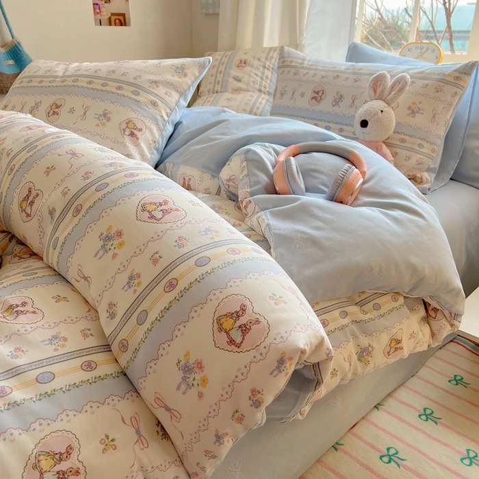 91家纺网 家纺一手货源 找家纺 雅居纺家纺 2025春夏新款全棉纯棉印花四件套 幸福小兔