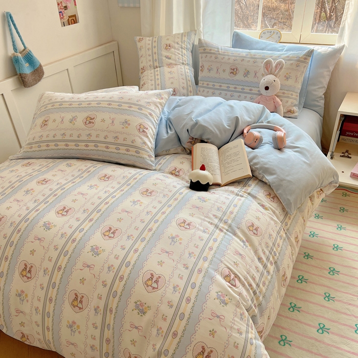 91家纺网 家纺一手货源 找家纺 雅居纺家纺 2025春夏新款全棉纯棉印花四件套 幸福小兔