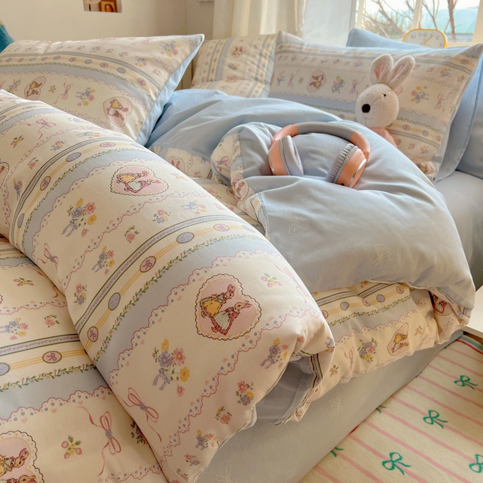 91家纺网 家纺一手货源 找家纺 雅居纺家纺 2025春夏新款全棉纯棉印花四件套 幸福小兔