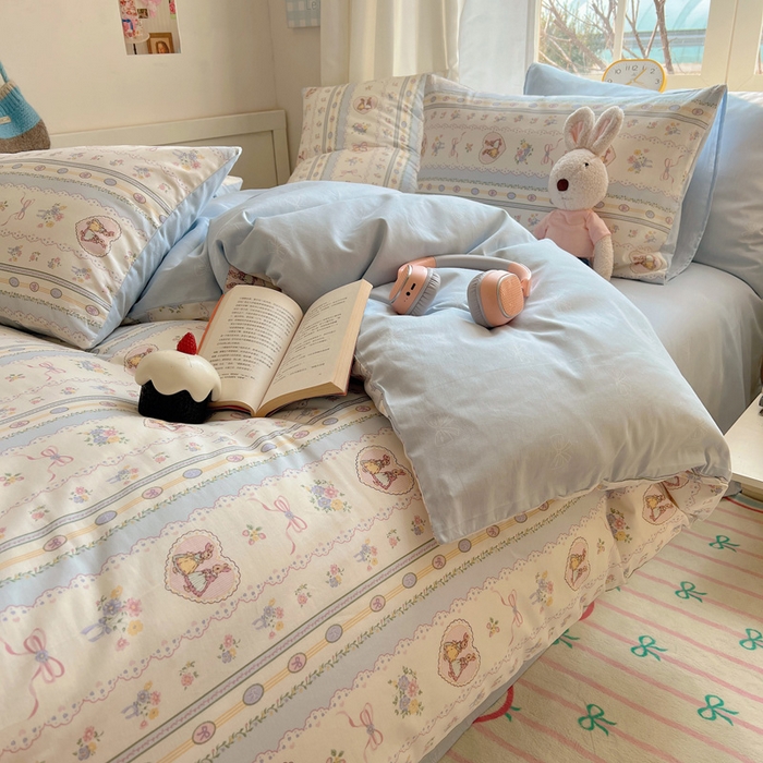 91家纺网 家纺一手货源 找家纺 雅居纺家纺 2025春夏新款全棉纯棉印花四件套 幸福小兔