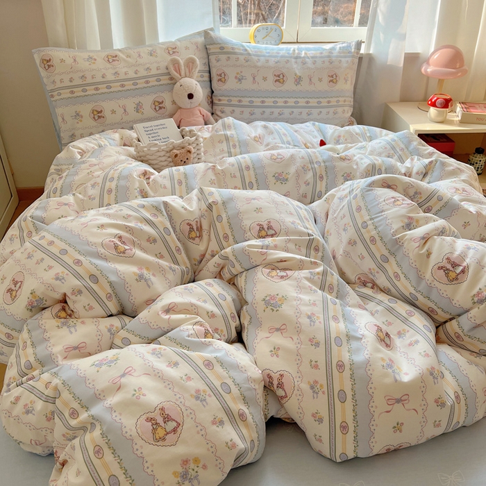 91家纺网 家纺一手货源 找家纺 雅居纺家纺 2025春夏新款全棉纯棉印花四件套 幸福小兔