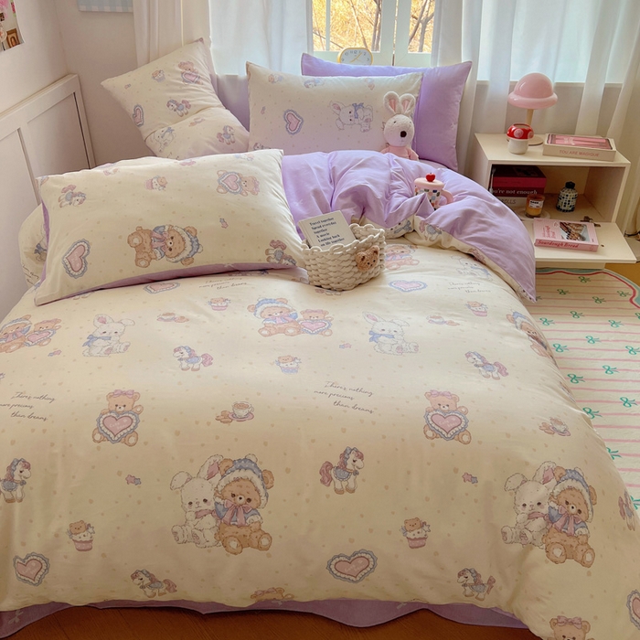 91家纺网 家纺一手货源 找家纺 雅居纺家纺 2025春夏新款全棉纯棉印花四件套 椰果小熊