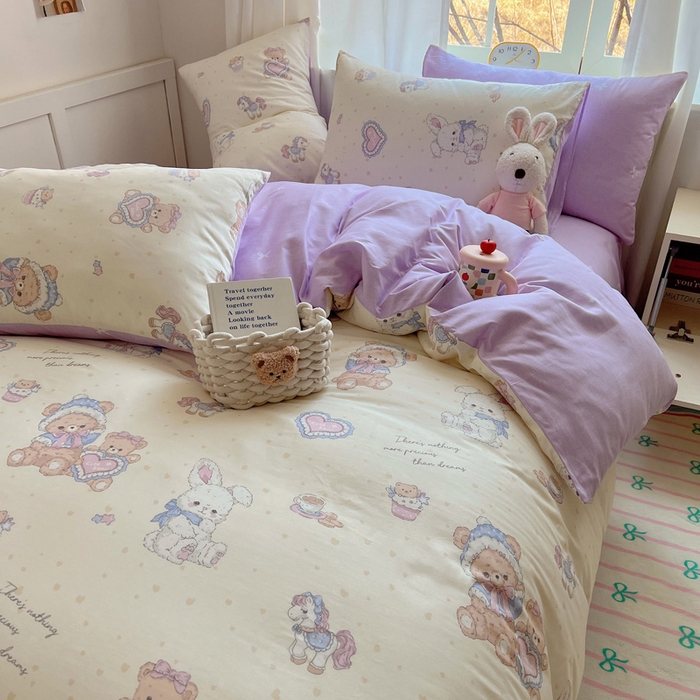 91家纺网 家纺一手货源 找家纺 雅居纺家纺 2025春夏新款全棉纯棉印花四件套 椰果小熊