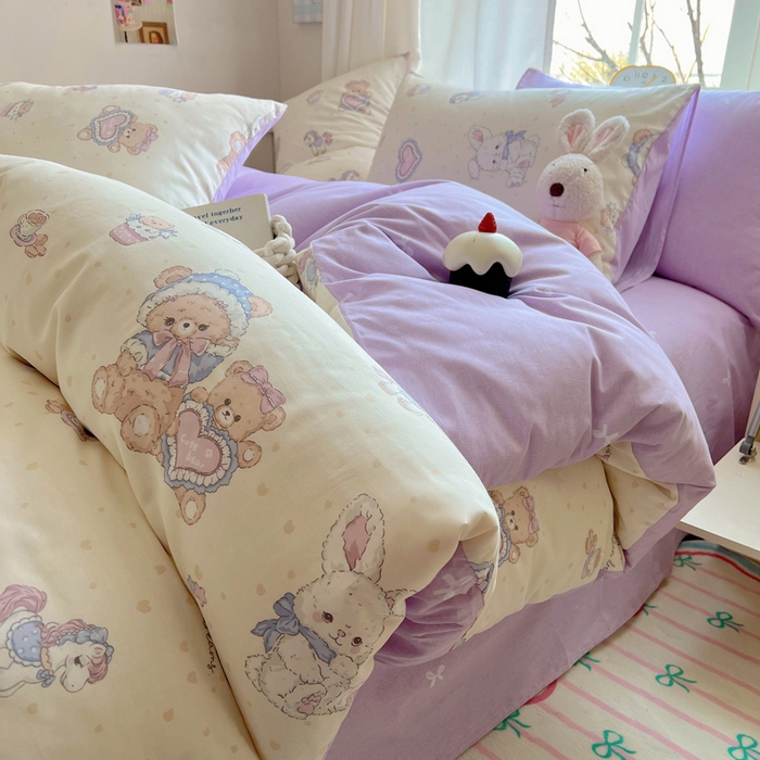 91家纺网 家纺一手货源 找家纺 雅居纺家纺 2025春夏新款全棉纯棉印花四件套 椰果小熊