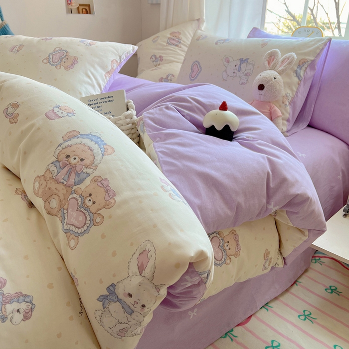 91家纺网 家纺一手货源 找家纺 雅居纺家纺 2025春夏新款全棉纯棉印花四件套 椰果小熊