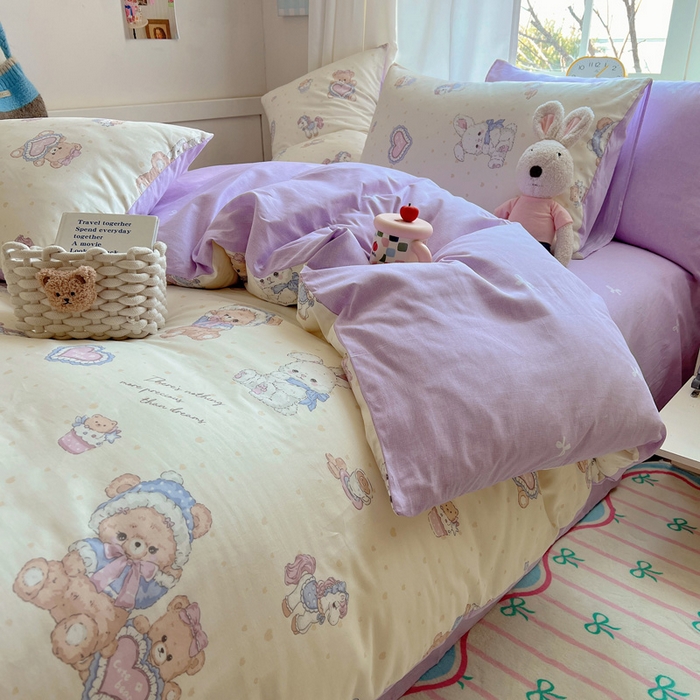 91家纺网 家纺一手货源 找家纺 雅居纺家纺 2025春夏新款全棉纯棉印花四件套 椰果小熊