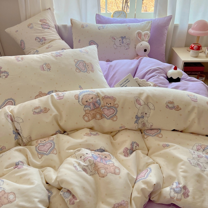 91家纺网 家纺一手货源 找家纺 雅居纺家纺 2025春夏新款全棉纯棉印花四件套 椰果小熊