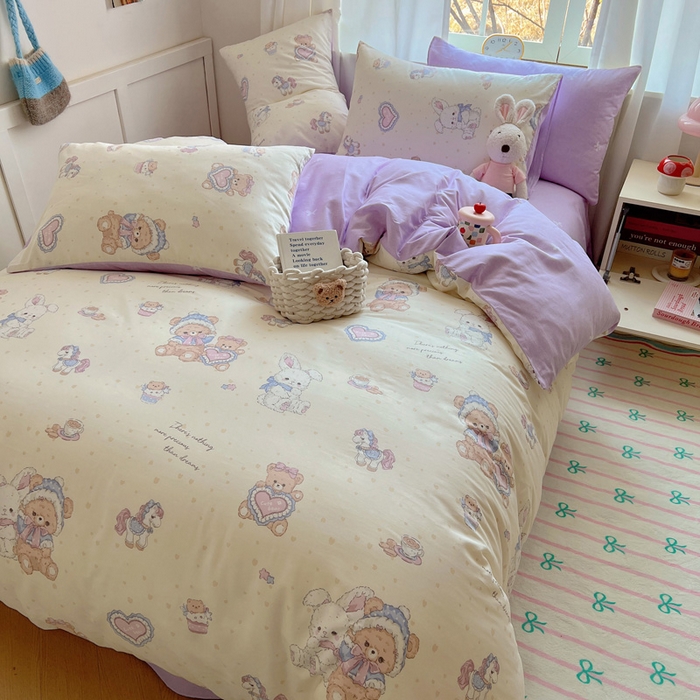 91家纺网 家纺一手货源 找家纺 雅居纺家纺 2025春夏新款全棉纯棉印花四件套 椰果小熊