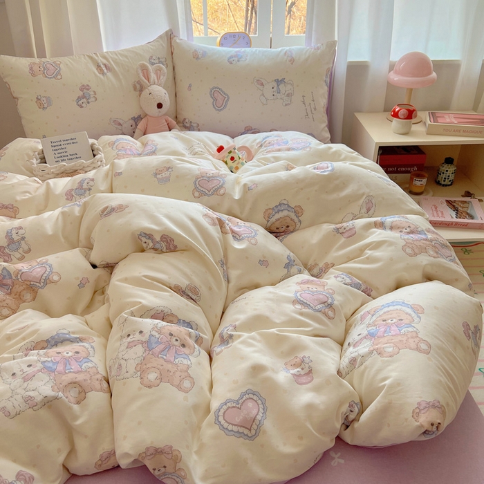 91家纺网 家纺一手货源 找家纺 雅居纺家纺 2025春夏新款全棉纯棉印花四件套 椰果小熊