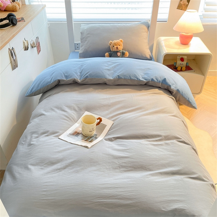 91家纺网 家纺一手货源 找家纺 澳梵家居 2025春夏新款13372全棉纯棉学生宿舍上下铺三件套床笠款 烟灰 梦蓝