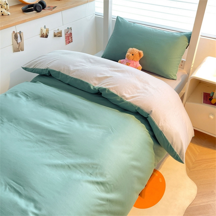 91家纺网 家纺一手货源 找家纺 澳梵家居 2025春夏新款13372全棉纯棉学生宿舍上下铺三件套床笠款 豆绿 烟灰