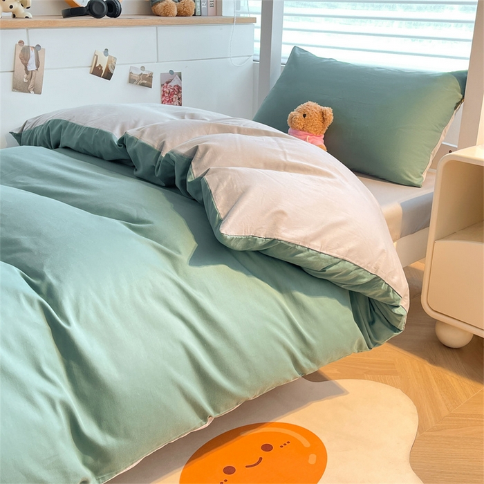 91家纺网 家纺一手货源 找家纺 澳梵家居 2025春夏新款13372全棉纯棉学生宿舍上下铺三件套床笠款 豆绿 烟灰