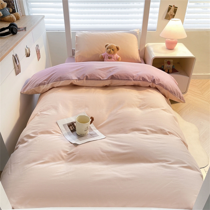 91家纺网 家纺一手货源 找家纺 澳梵家居 2025春夏新款13372全棉纯棉学生宿舍上下铺三件套床笠款 卡其 雾粉