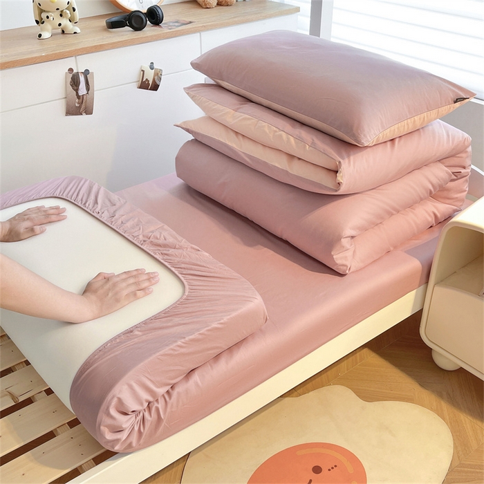 91家纺网 家纺一手货源 找家纺 澳梵家居 2025春夏新款13372全棉纯棉学生宿舍上下铺三件套床笠款 卡其 雾粉