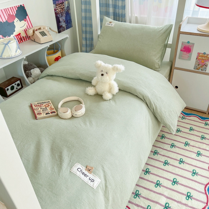 佳笠家居 2025新款kimi熊系列A类宿舍全棉纯棉色织水洗棉学生三件套 果绿小条