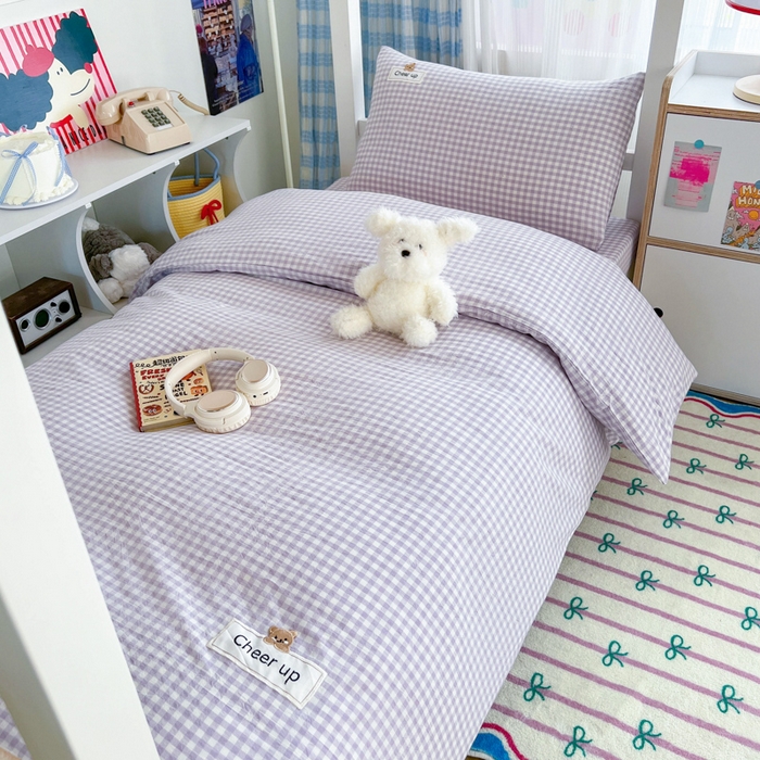 佳笠家居 2025新款kimi熊系列A类宿舍全棉纯棉色织水洗棉学生三件套 香芋紫格