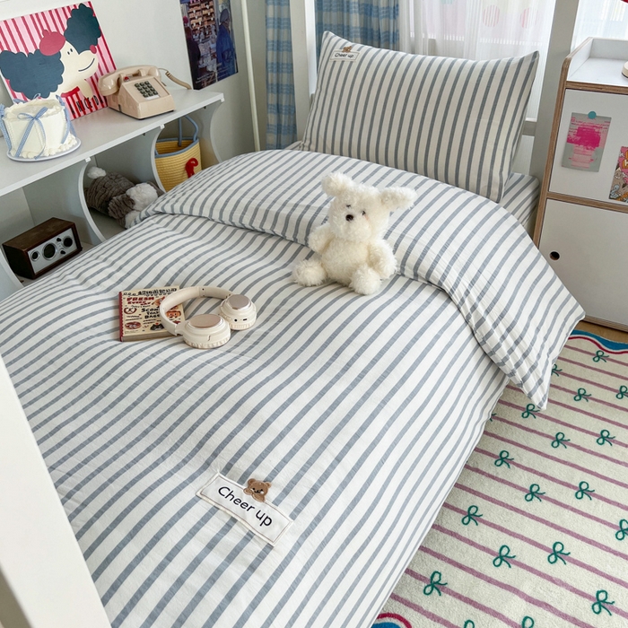 佳笠家居 2025新款kimi熊系列A类宿舍全棉纯棉色织水洗棉学生三件套 野原-蓝