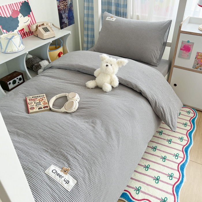 91家纺网 家纺一手货源 找家纺 佳笠家居 2025新款kimi熊系列A类宿舍全棉纯棉色织水洗棉床笠单床笠床笠单件 灰小格