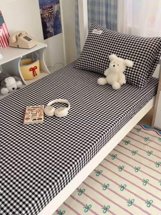 91家纺网 家纺一手货源 找家纺 佳笠家居 2025新款kimi熊系列A类宿舍全棉纯棉色织水洗棉枕套单枕套枕套单件 黑白格