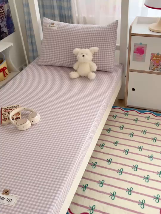 91家纺网 家纺一手货源 找家纺 佳笠家居 2025新款kimi熊系列A类宿舍全棉纯棉色织水洗棉枕套单枕套枕套单件 香芋紫格