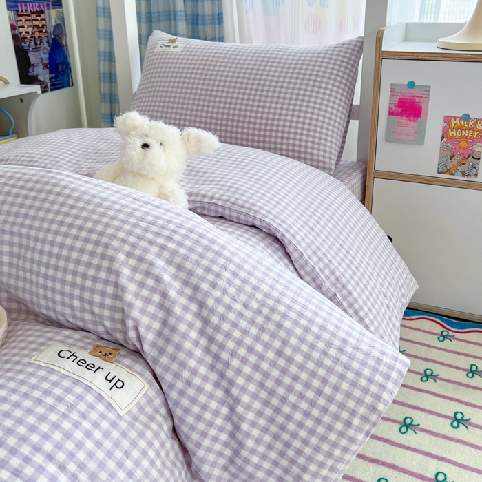 91家纺网 家纺一手货源 找家纺 佳笠家居 2025新款kimi熊系列A类宿舍全棉纯棉色织水洗棉床笠单床笠床笠单件 香芋紫格