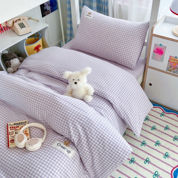 91家纺网 家纺一手货源 找家纺 佳笠家居 2025新款kimi熊系列A类宿舍全棉纯棉色织水洗棉床笠单床笠床笠单件 香芋紫格