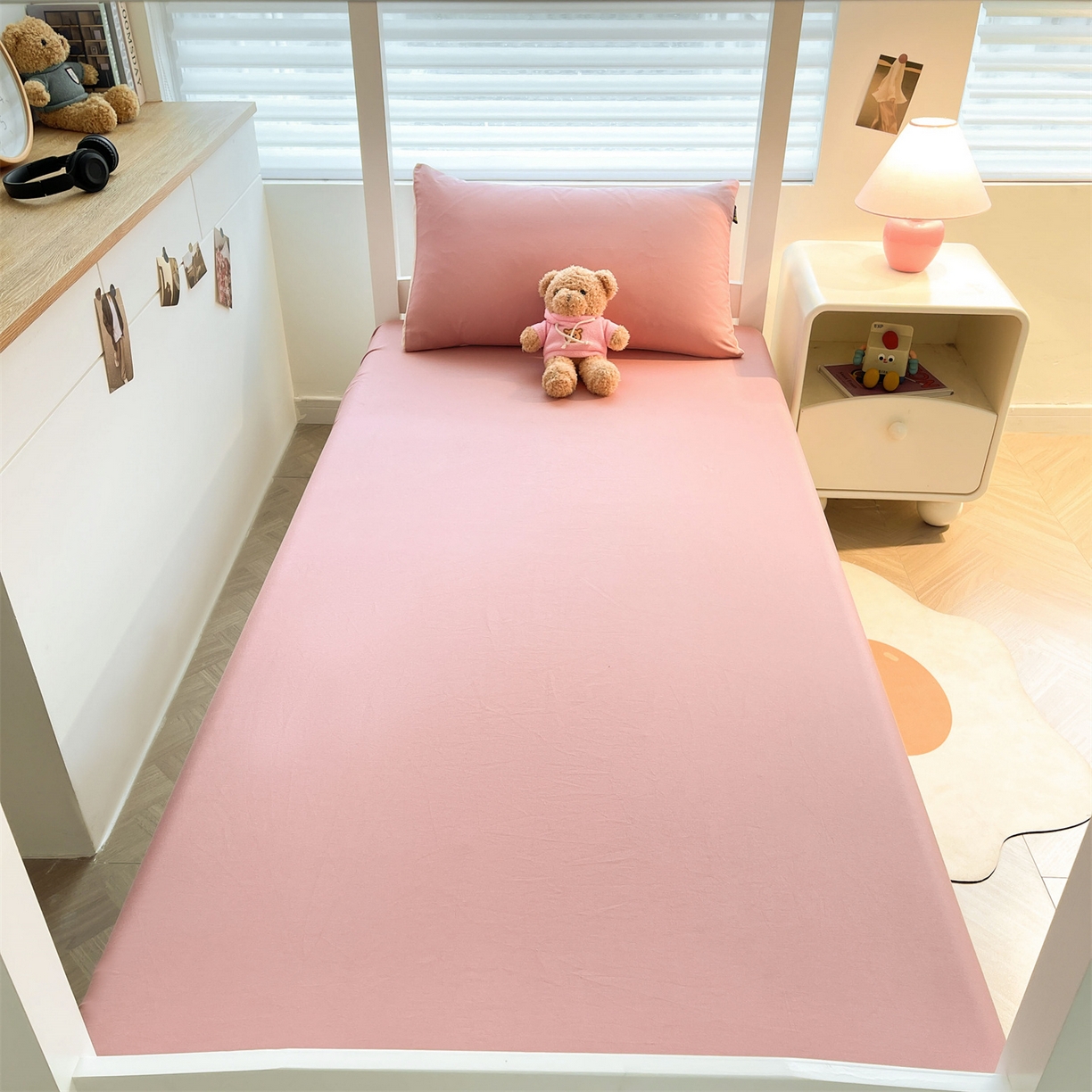 91家纺网 家纺一手货源 找家纺 澳梵家居 2025春夏新款13372全棉纯棉学生宿舍上下铺单床笠床笠单件 莓粉