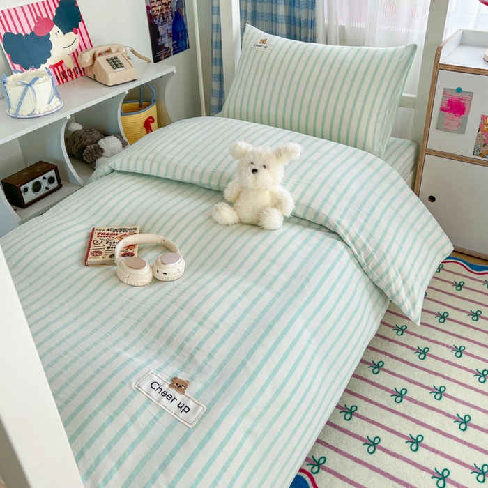 91家纺网 家纺一手货源 找家纺 佳笠家居 2025新款kimi熊系列A类宿舍全棉纯棉色织水洗棉床笠单床笠床笠单件 野原-绿