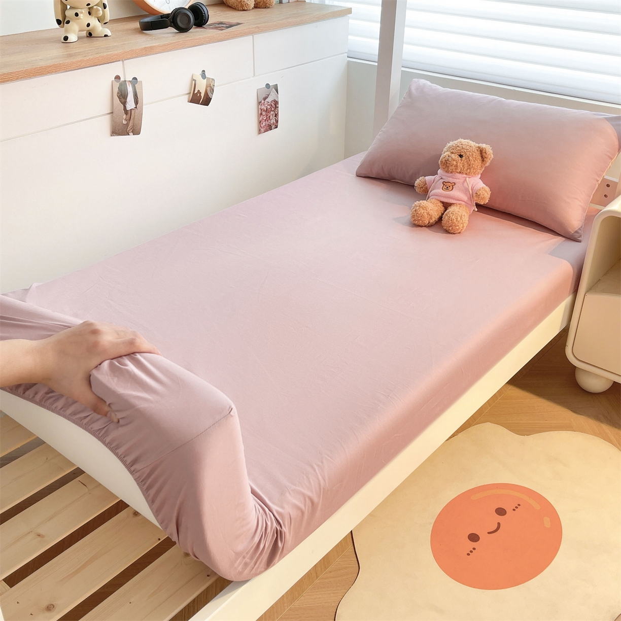 91家纺网 家纺一手货源 找家纺 澳梵家居 2025春夏新款13372全棉纯棉学生宿舍上下铺单床笠床笠单件 雾粉