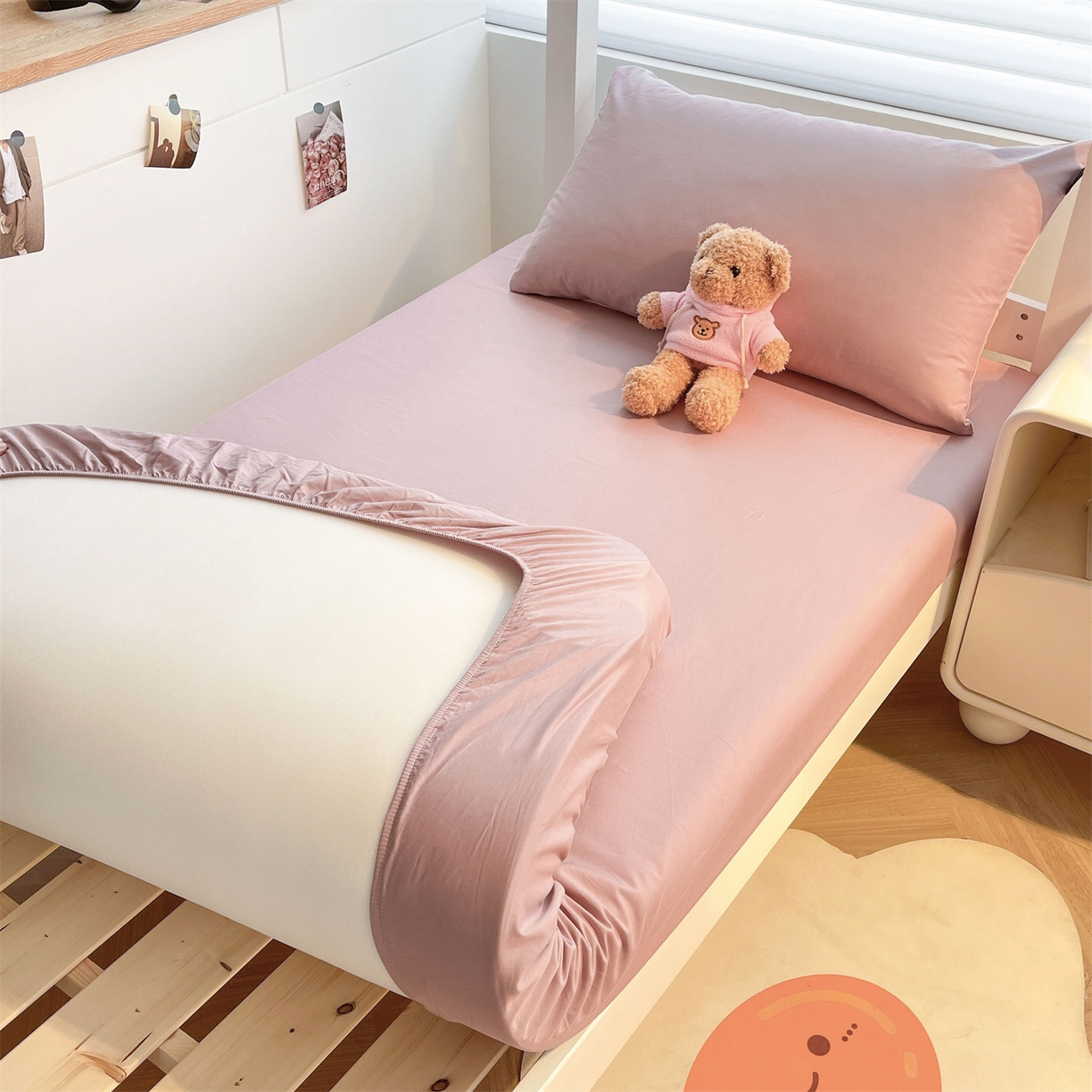 91家纺网 家纺一手货源 找家纺 澳梵家居 2025春夏新款13372全棉纯棉学生宿舍上下铺单床笠床笠单件 雾粉